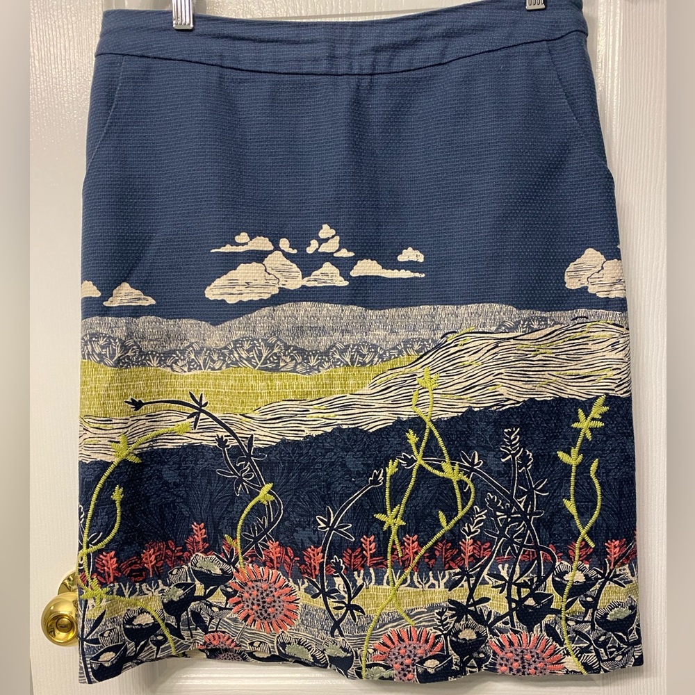 Anthropologie White Stuff Embroidered Skirt Landscape Floral Blue Size M